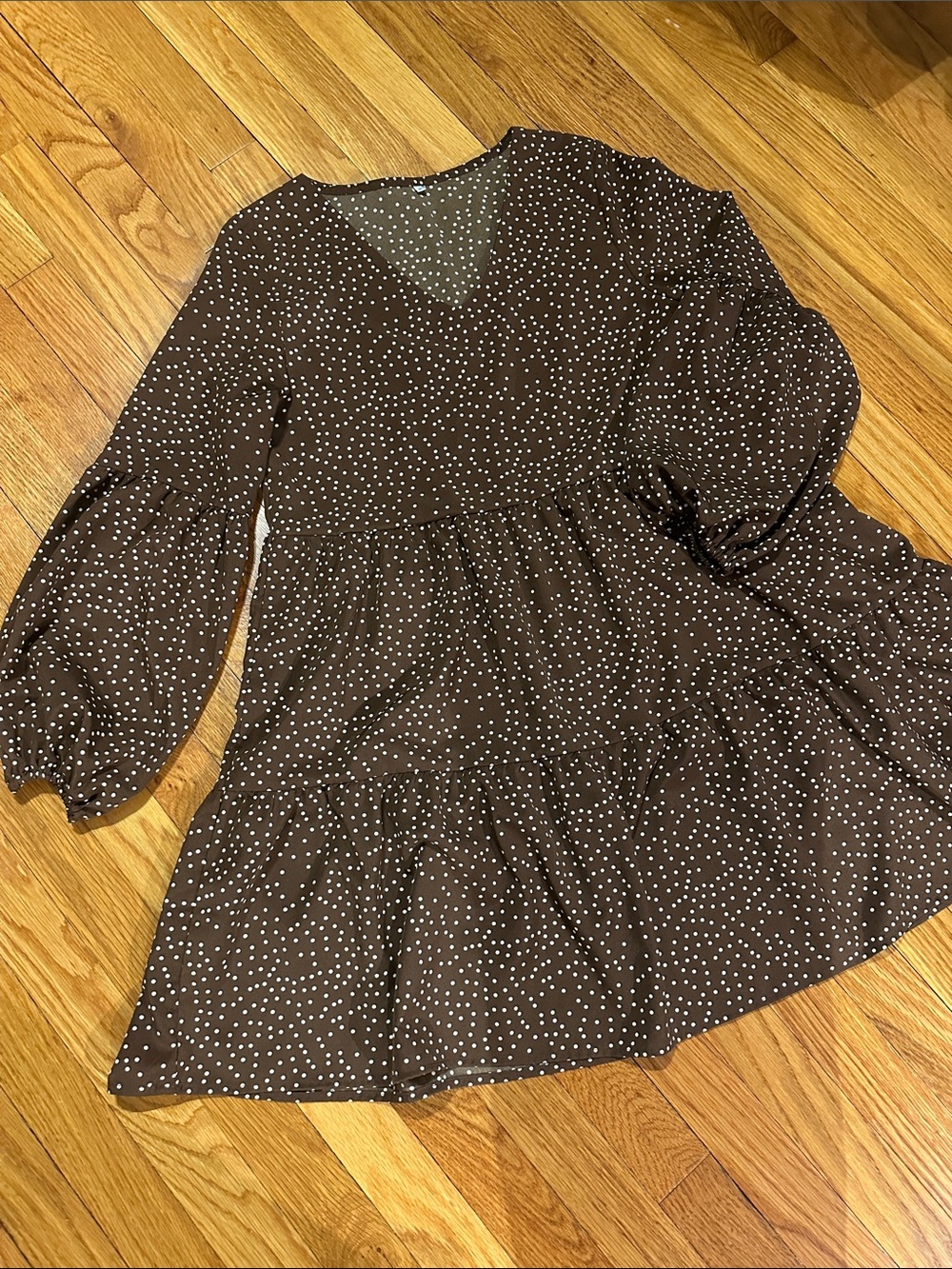 Brown and white polka dot dress.